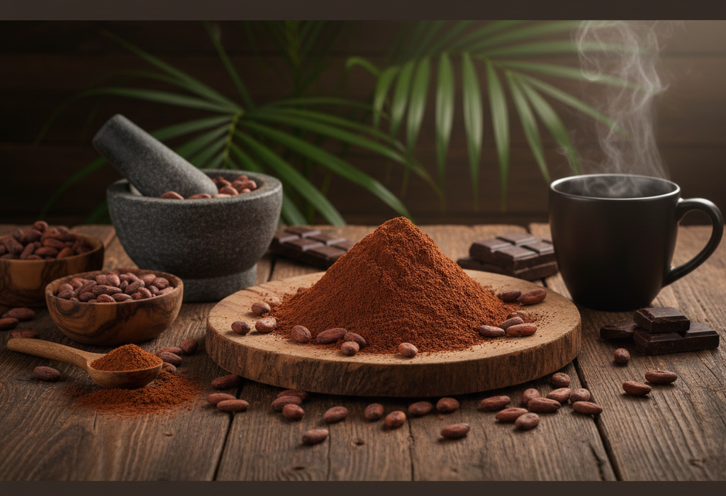 BIO kakaový prášek — kakaový prášek, boby a horký nápoj na dřevěném stole